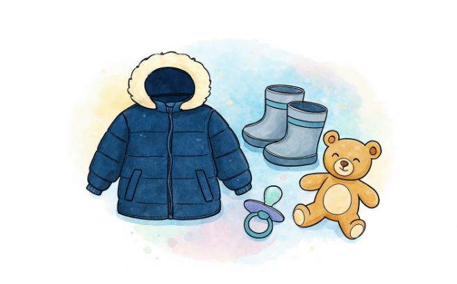 grafisk billede med vinterjakke, sut, bamse og gummistøvler